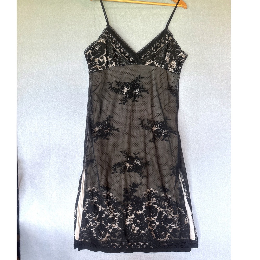 Vintage‎ Y2K Private Luxuries Black Floral Lace Slip Dress Nude Medium Romantic
